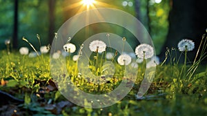 a beautiful summer landscape with dandelions and grass in a forest glade at sunset, sunlight and beautiful nature