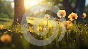 a beautiful summer landscape with dandelions and grass in a forest glade at sunset, sunlight and beautiful nature