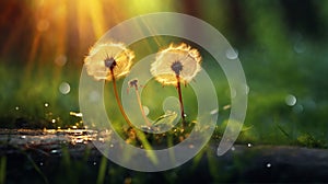 a beautiful summer landscape with dandelions and grass in a forest glade at sunset, sunlight and beautiful nature