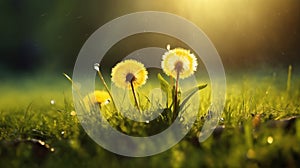 a beautiful summer landscape with dandelions and grass in a forest glade at sunset, sunlight and beautiful nature