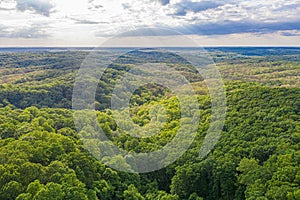 Beautiful summer landscape with dense green vegetation against cloudy sky. Brown County, Indiana.