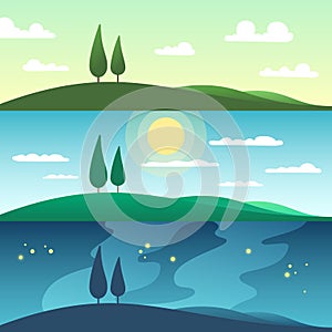 Beautiful summer landscape in different times of day. Cartoon vector illustration