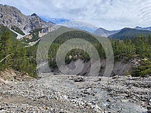 Beautiful summer landscape in Fuorn valley trail in Swiss National Park.