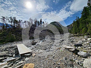 Beautiful summer landscape in Fuorn valley trail in Swiss National Park.