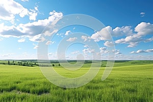 Beautiful summer landscape of green field and blue sky with white clouds