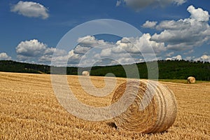 Beautiful summer landscape with haystacks - hay bales. Concept for nature, harvest time and end of summer