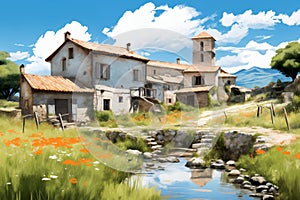 a beautiful summer landscape, a house in a village by the lake, a field with flowers and a blue sky with clouds