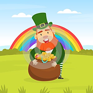 Beautiful Summer Landscape with Leprechaun, Pot of Gold Coins and Rainbow, St. Patricks Day, Traditional Irish Folklore