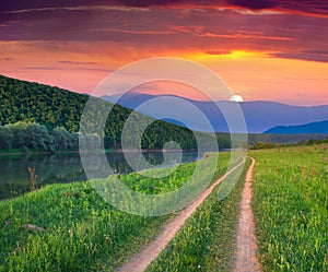 Beautiful summer landscape on the mountain river.