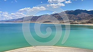 Beautiful summer landscape. Panorama of an amazing blue lake in the mountains. Blue sky and white clouds