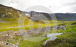 A beautiful summer landscape of Sarek National Park with river.