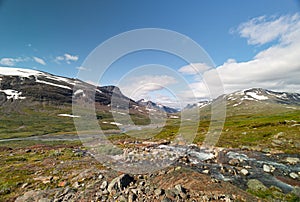 A beautiful summer landscape of Sarek National Park with river.
