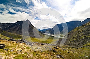 A beautiful summer landscape of Sarek National Park with river.