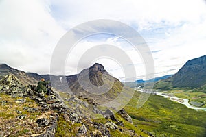 A beautiful summer landscape of Sarek National Park with river.