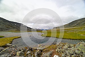 A beautiful summer landscape of Sarek National Park with river.