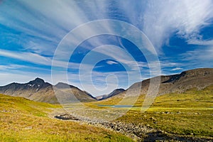 A beautiful summer landscape of Sarek National Park with river.