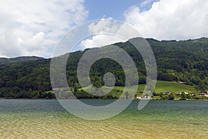 Beautiful summer landscape on the shore of Mondsee lake in Austria, Europe.