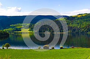 Beautiful summer landscape Slidrefjorden lake Norway