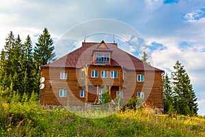 Beautiful summer landscape of village among Karpaty mountains