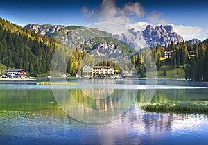 Beautiful summer morning on the Lake Misurina, in Italy Alps, Tr