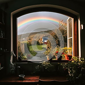 Beautiful summer morning, a rainbow and green branches of tropical trees are visible in the open window,