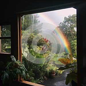 Beautiful summer morning, a rainbow and green branches of tropical trees are visible in the open window,