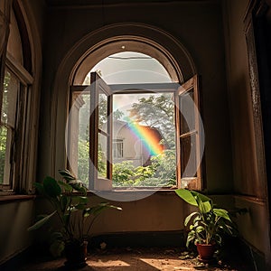 Beautiful summer morning, a rainbow and green branches of tropical trees are visible in the open window,