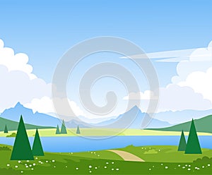 Beautiful summer mountain landscape with a lake. Spring fields and meadows with a river. Illustration for the design of