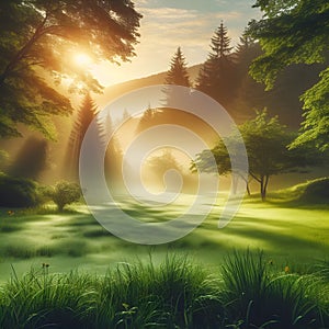 Beautiful summer natural landscape with lawn with cut fresh grass in early morning with light fog.
