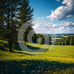 Beautiful summer panorama landscape with nature. Meadow with forest and blue sky on a sunny day. Highlands - Czech