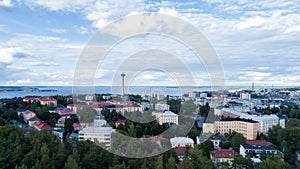 Beautiful summer panorama of Tampere city. Blue sky with clouds. Finland