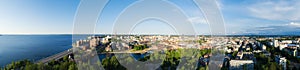 Beautiful summer panorama of Tampere city at sunset. Blue sky and clouds.