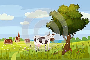 Beautiful summer rural landscape, farm, meadow, flowers, tree, sea, vector, cartoon style, illustration isolated