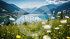 Beautiful summer scene with a flower field, snow capped mountains, and a blue lake. Generative AI