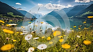 Beautiful summer scene with a flower field, snow capped mountains, and a blue lake. Generative AI