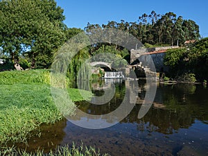 Beautiful summer scene over river with old Roman stone bridge and willow tree.