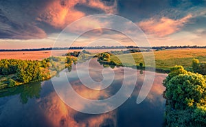 Beautiful summer scenery. Beautiful morning scene of small pond in the outskirts of Ternopil town,