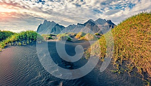 Beautiful summer scenery. Picturesque summer view of Stokksnes cape with Vestrahorn Batman Mountain on background.