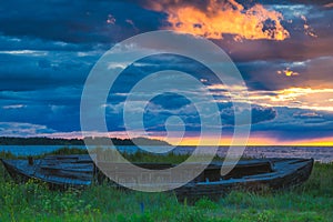 Beautiful summer seascape during drammatic sunset.