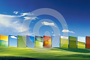 A beautiful summer or spring landscape with green grass on the hills and green fields, blue sky with white clouds. A series
