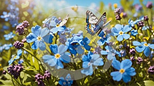 Beautiful summer or spring meadow with blue flowers of forget-me-nots and two flying butterflies. Wild nature landscape.