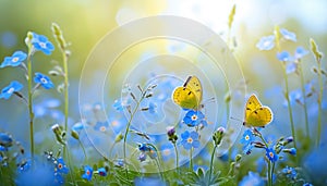 Beautiful summer or spring meadow with blue flowers of forget-me-nots and two flying butterflies. Wild nature landscape