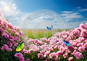 Beautiful summer or spring meadow with pink flowers and flying butterflies. Wild nature landscape