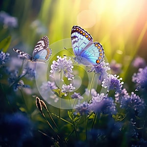 A beautiful summer or spring meadow with two flying butterflies and blue flowers of forget-me-nots ..Selective focus, shallow