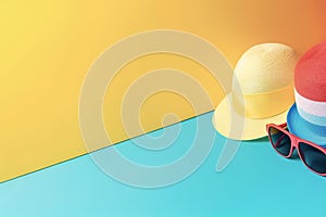 Beautiful summer straw hats and sunglasses. Yellow and blue summer vacation background. Created with generative Ai