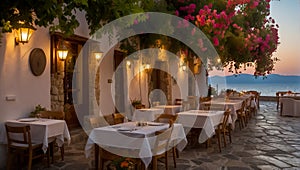 Beautiful summer street cafe the evening in Greece terrace