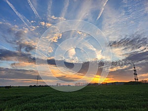 Beautiful summer sunset with a green field and fluffy clouds. Village sunset.