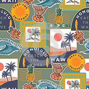 Beautiful Summer tropical Hawaiian sign , Beach Vibes Seamless pattern Vector Illustration