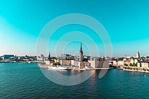 Beautiful summer view of the architecture of the Old Town pier in the Sodermalm district of Stockholm, Sweden