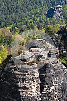 Beautiful summer view of Elbe river from Bastei view pont. Colorful morning scene of Saxon Switzerland national park